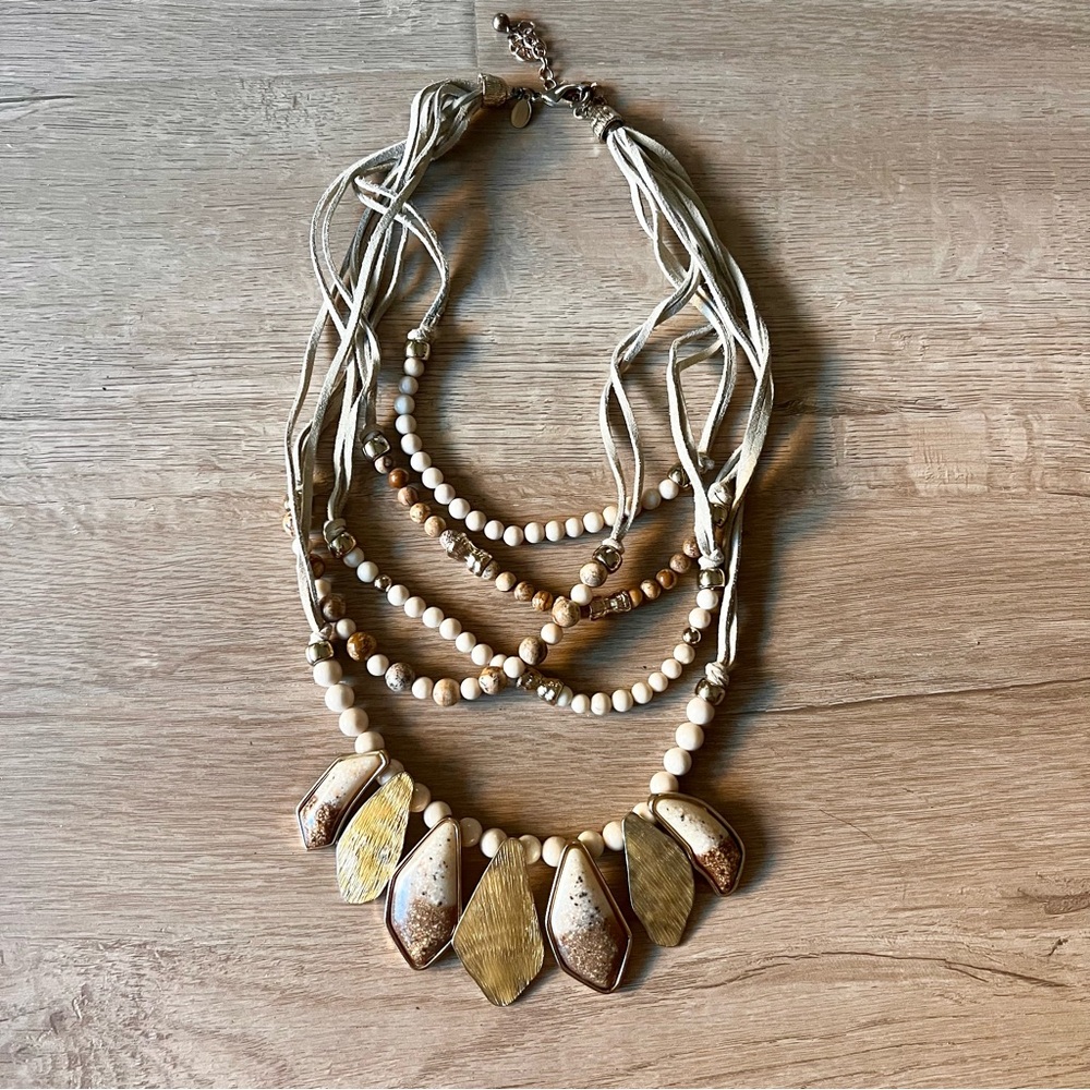Chicos Statement Necklace Beaded‎ Layered Brown Neutral Tones 5 Leather Strands